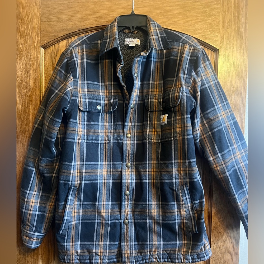 Carhartt Men's Black, Grey, and Orange Plaid Shirt Jacket with Sherpa lining